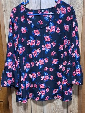 Floral Bell Sleeve Blouse - Black with Red and Blue Floral Sheer A&I Size 1X